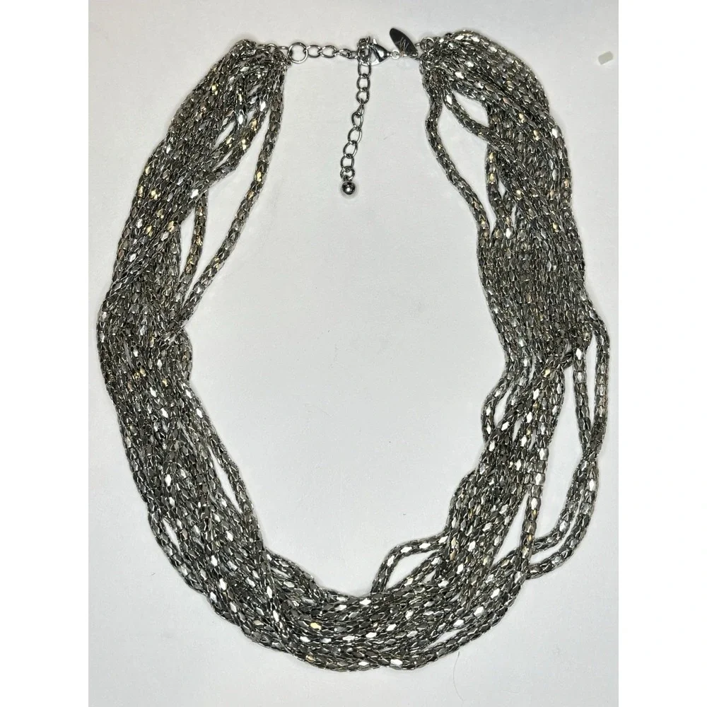 NY & Co Y2K Silver Tone Multi Strand Faceted Chain Statement Necklace 25